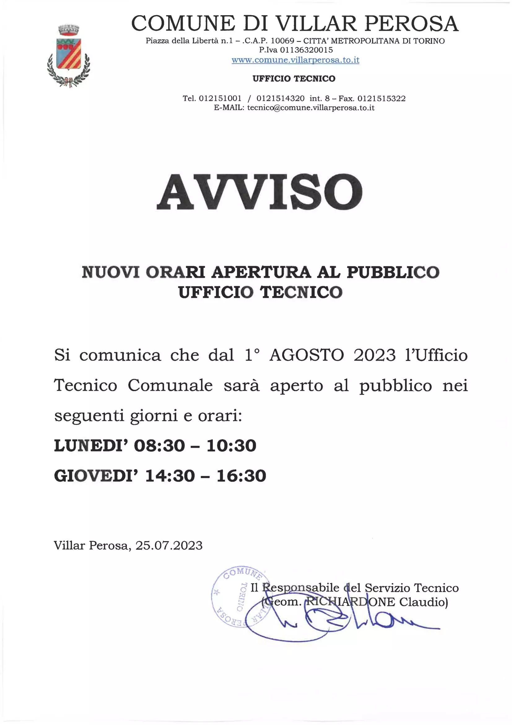 NUOVI ORARI APERTURA AL PUBBLICO UFFICIO TECNICO